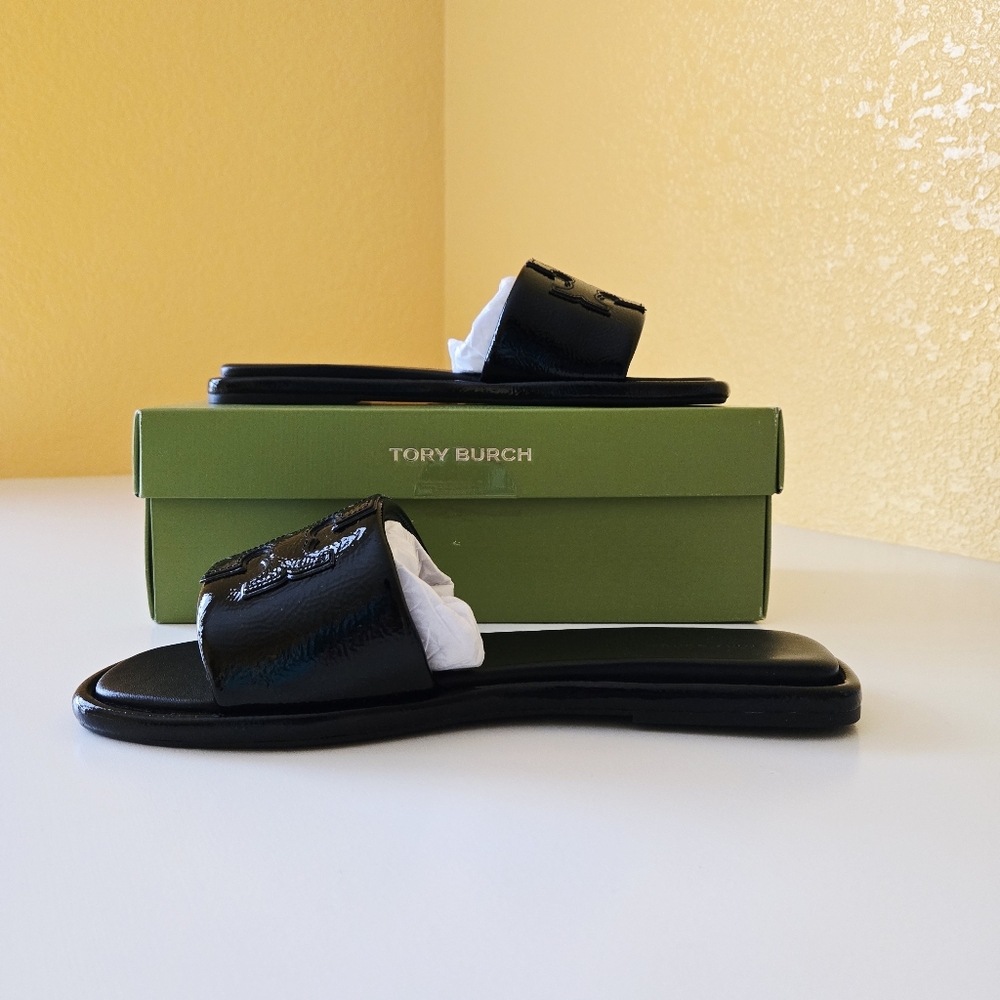 Tory Burch “Double T Sport Slide Sandals” Patent Leather (Perfect Black) Size 10 - Picture 4 of 13